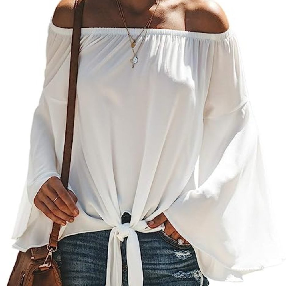 Off The Shoulder Shirt Flared Long Sleeve Chiffon Blouse